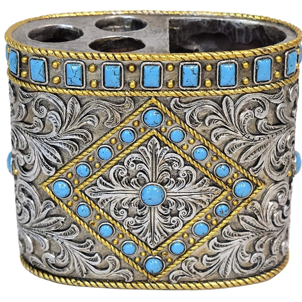 Turquoise Silver Scrolls Toothbrush Holder